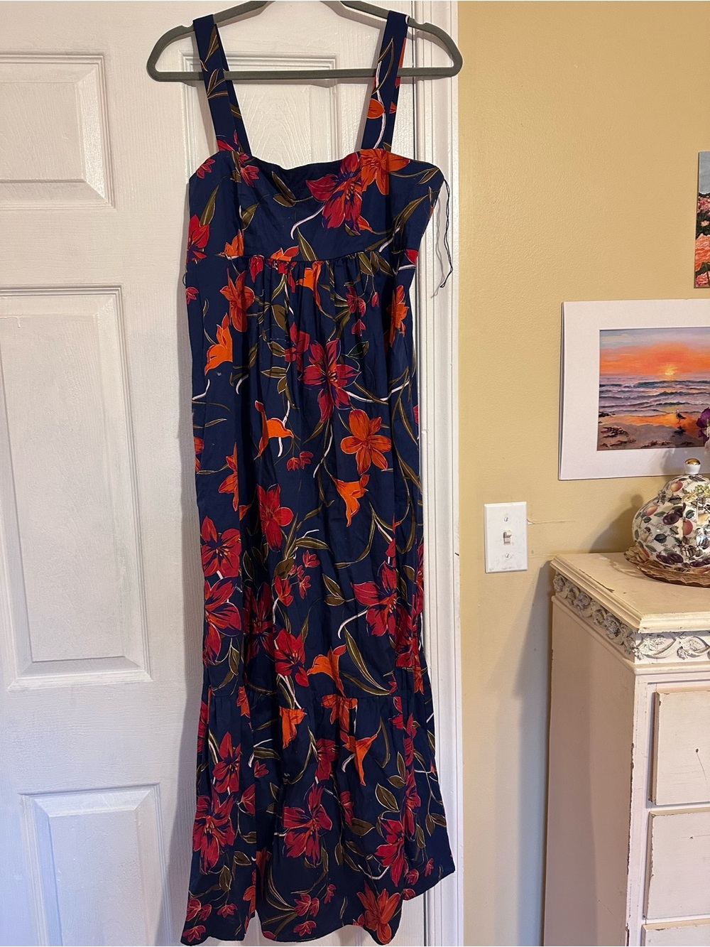 Navy Floral Midi Sundress with Red & Orange Blooms